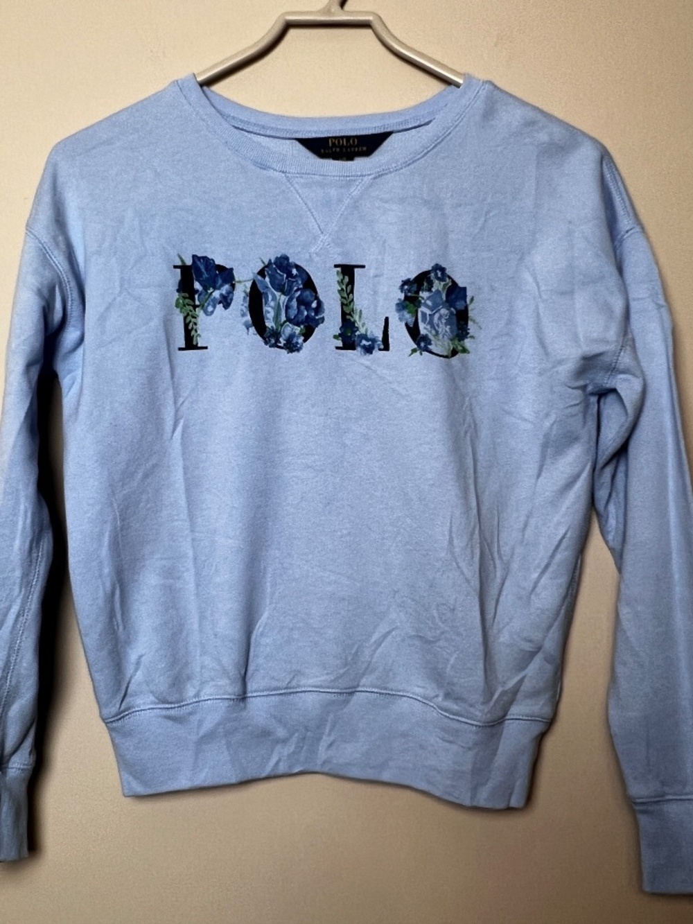 Polo Ralph Lauren Sweatshirt Girls Large Blue Floral Logo Pullover Cotton Knit